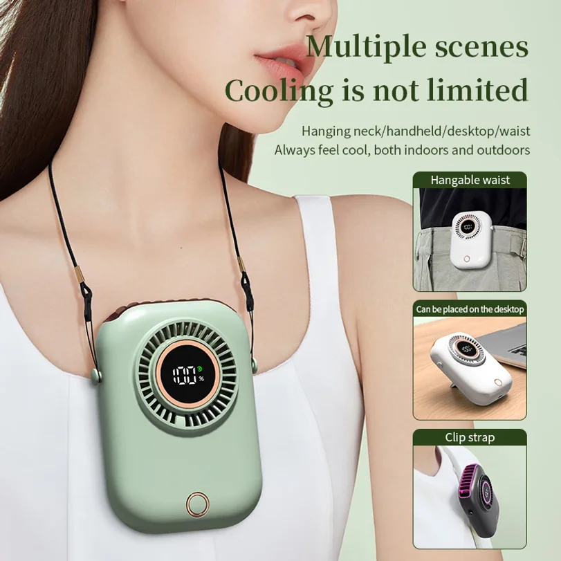 

New Hanging Neck Fan Portable USB Rechargeable Digital Display 5 Speeds RGB Lights Ultra Quiet Bladeless CoolingSports Travel