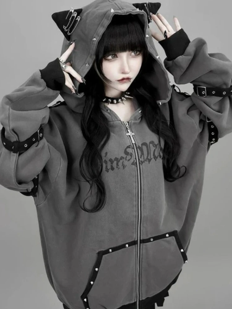 Odzież damska streetwear Harajuku: bluzy z kapturem, kurtki, płaszcze punkowe z zamkiem błyskawicznym, japońskie nadruki z nitami, moda casual, bluzy Y2k. — 2