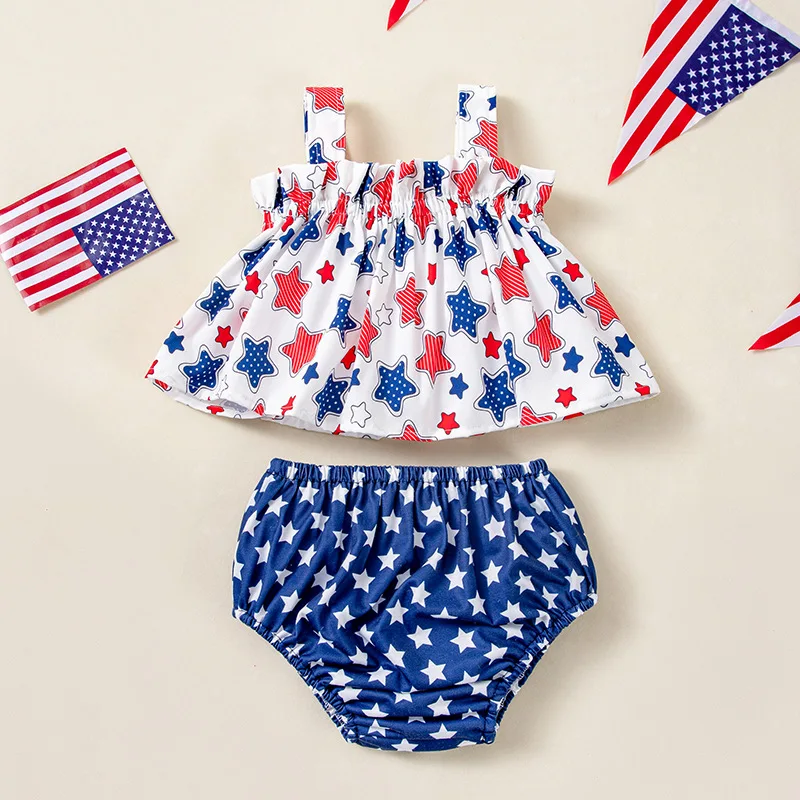 

2Set of Independence Day Baby Clothing Printed Star Strap DressppPants Suit Baby Party Clothes