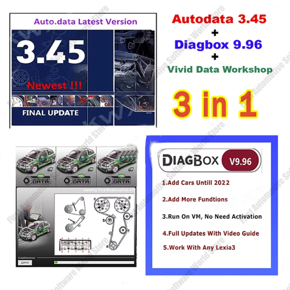 Auto Data 3.45 + Diagbox 9.96 + Vivid 2018 Data Workshop Car Repair Auto Diagnostic Virtual Box Data cars accessories tools