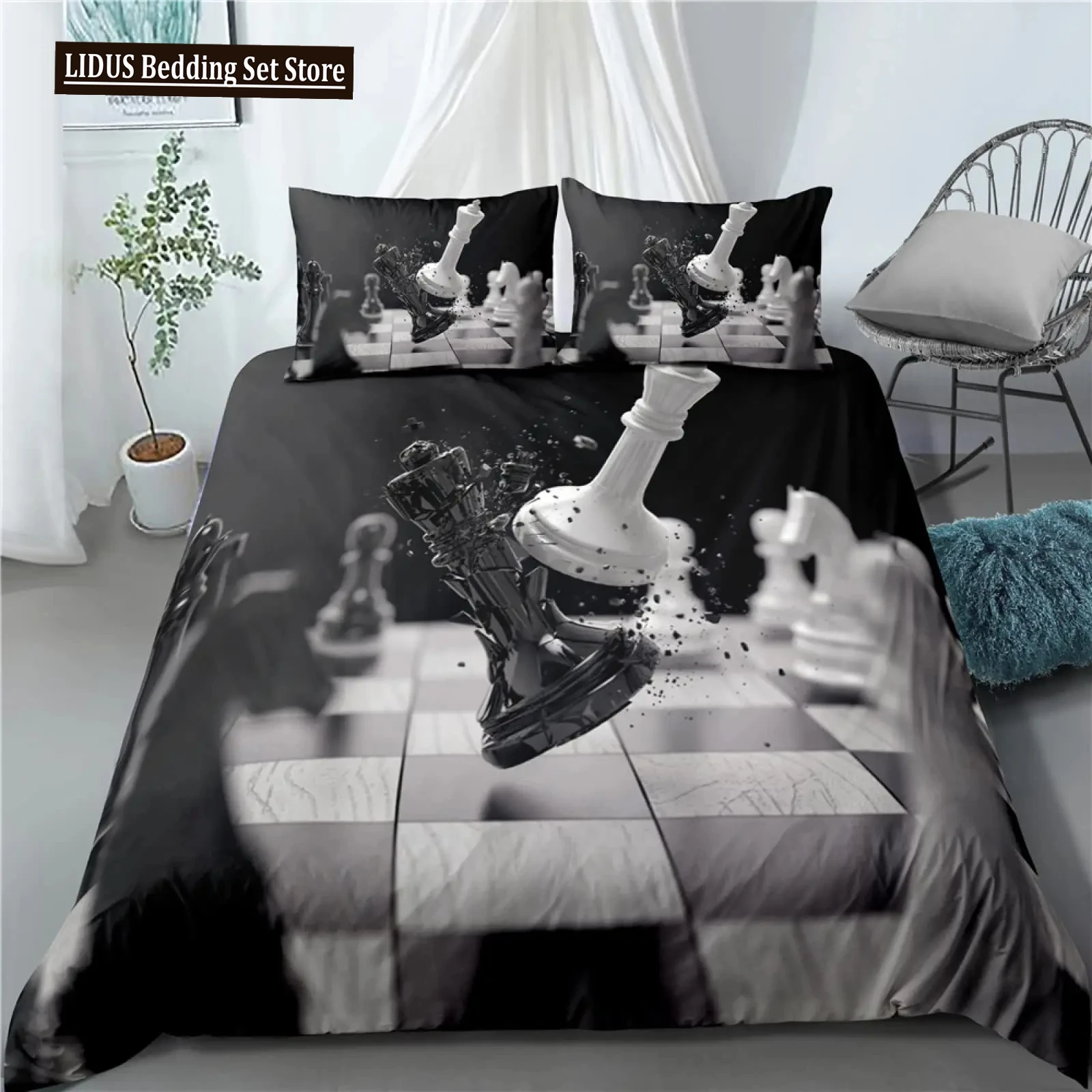 International Chess Duvet Cover Set Black White Lattice Checkerboard Comforter Cover Competition Game For Boys Teens Bedding Set