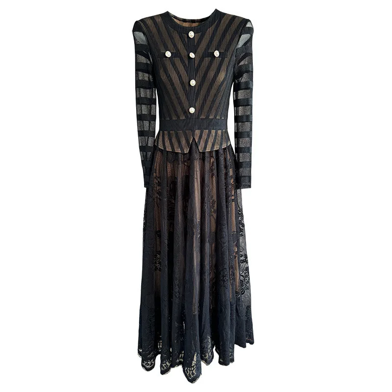 Miyake abito ampio pieghettato vendita calda africana sexy elegante manica lunga vita abiti finti in due pezzi donna 2025 nuovo