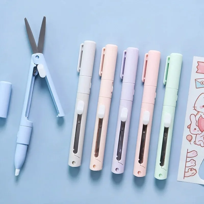 Mini Portable Scissors Paper Cutter Knife 2 In 1 Multifunctional Pocket Pen For Shape Scrapbooking School Stationery Art Tools