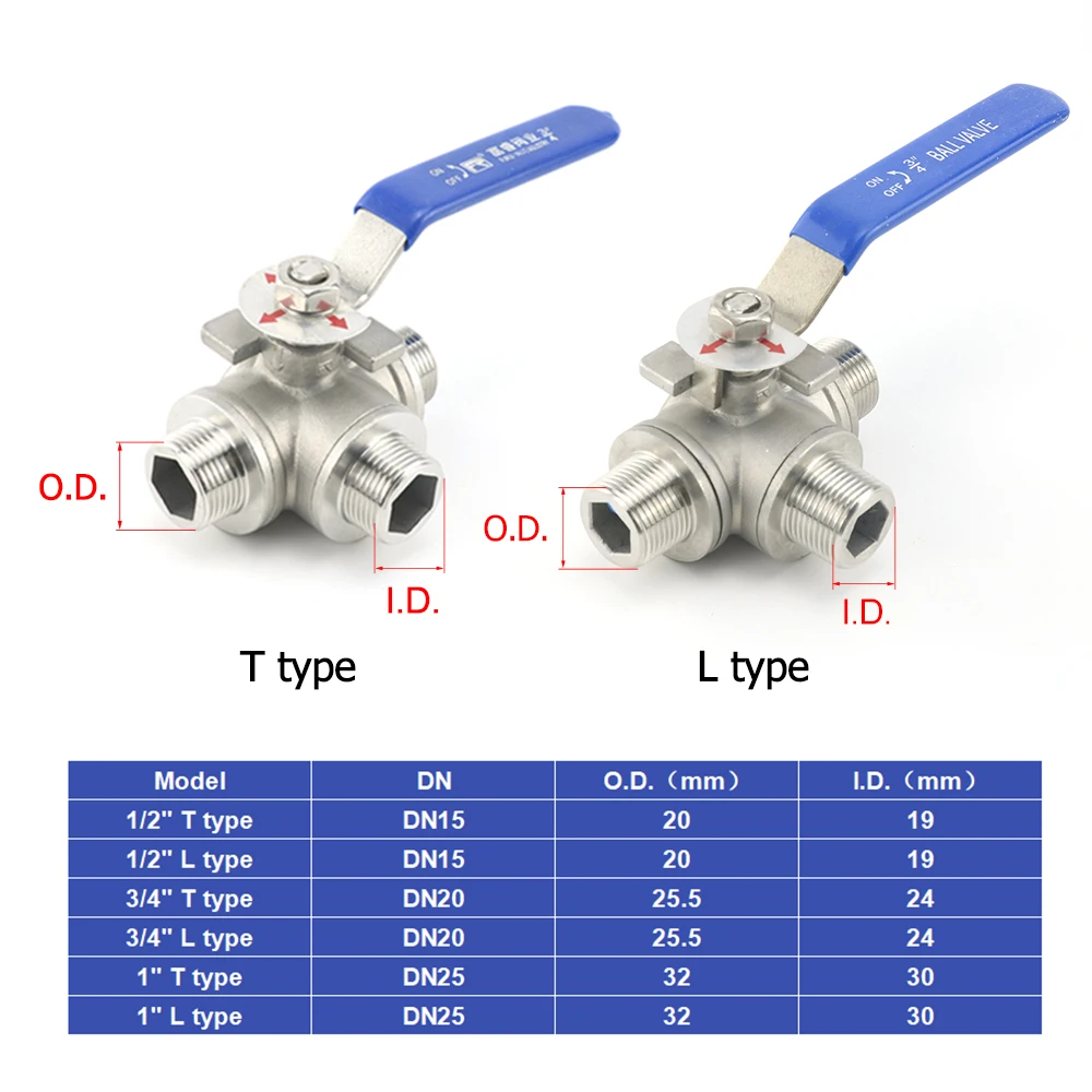 304 Stainless Steel 3-Way Ball Valve 1/2