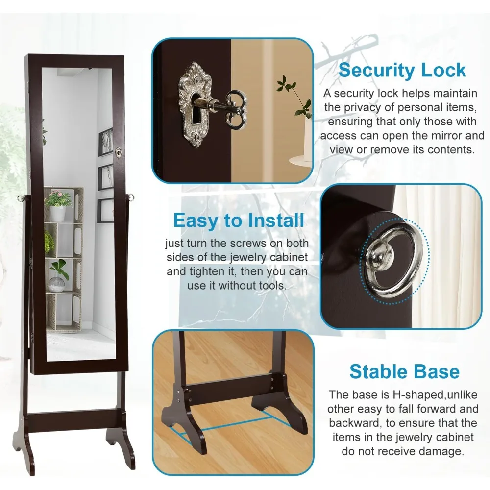 Standing Jewelry Armoire Mirror Cabinet with Full-length Mirror, Jewelry Organizer with Lots of Storage Space