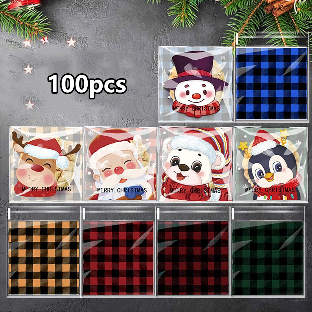 100 Mixed Christmas Elk Self-adhesive Bags Santa Claus Chocolate Biscuit Baking Dim Sum Bags,Christmas Gift.