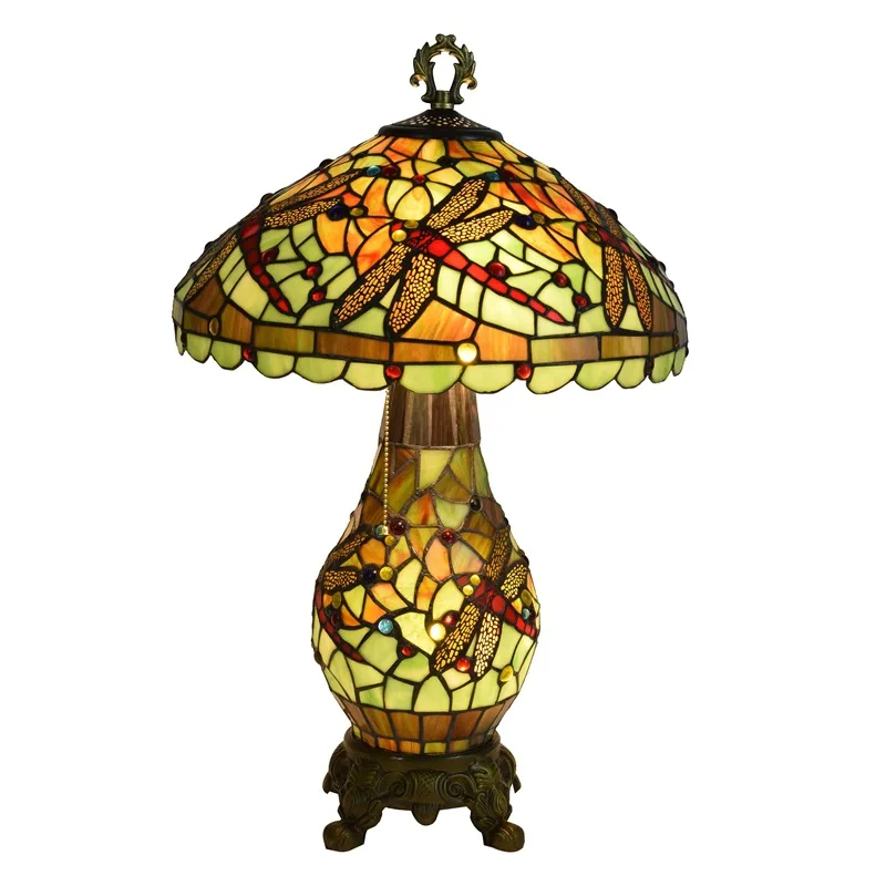 

American pastoral stained glass living room dining room bedroom decoration green dragonfly child and mother desk lamp
