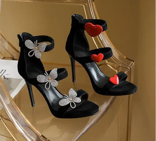 Summer Black Suede Three Red Heart Bling Rhinestone Zipper Back Party Sandals Woman Fashion 100 MM Stiletto Heels Dress Shoes