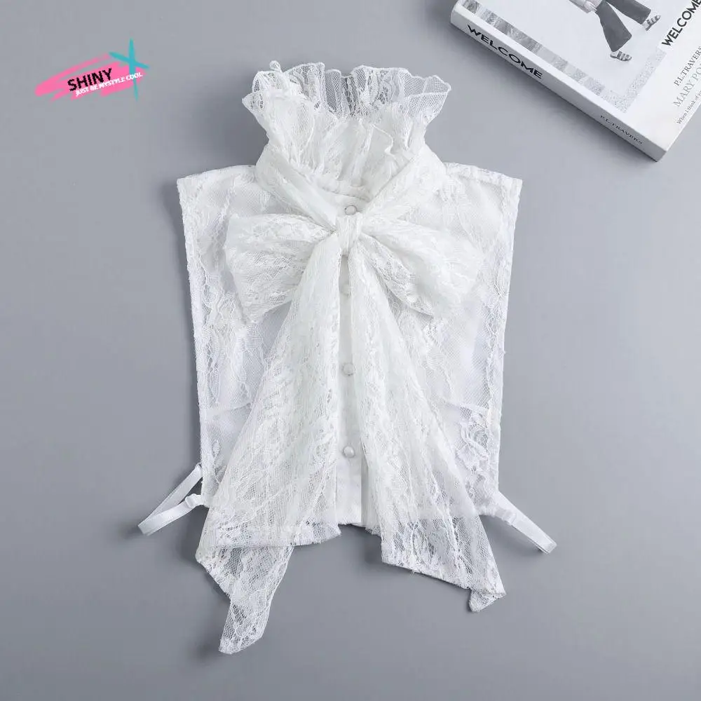 

Шикарный съемный кружевной искусственный воротник, однотонный винтажный кружевной воротник с бантом, элегантная блузка в стиле ретро с рюшами на краях