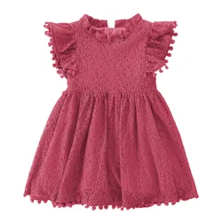 Vestido de encaje ahuecado para niñas, vestido de novia para niños, manga con volantes, disfraz elegante de princesa para fiesta, ropa de bebé, Otoño, A477