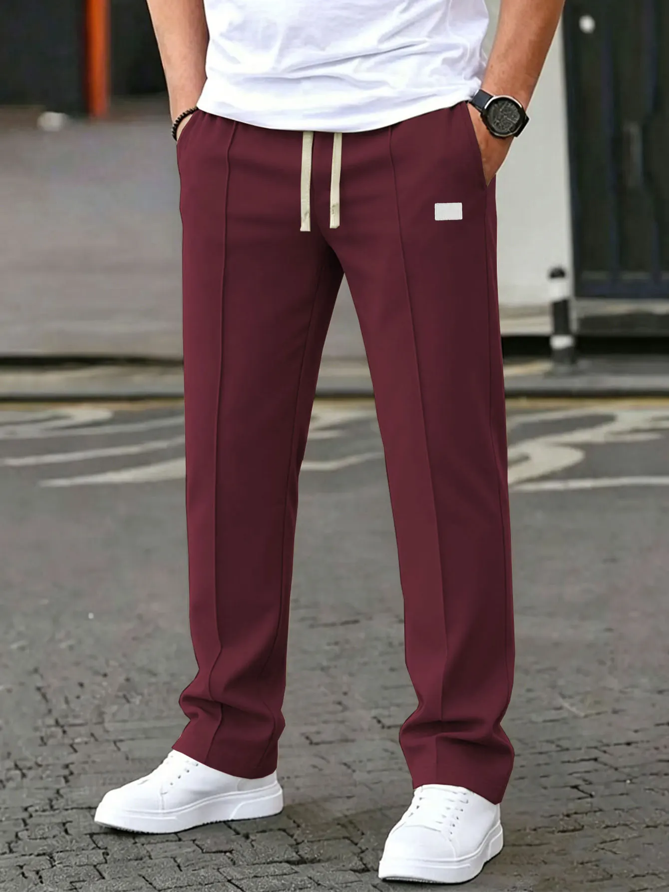 Einfarbige Herrenhose mit Kordelzug an der Taille, normale Passform, lässige, bequeme Taschenhose für Frühling und Herbst, Herrenhose für den Alltag – Detail 8