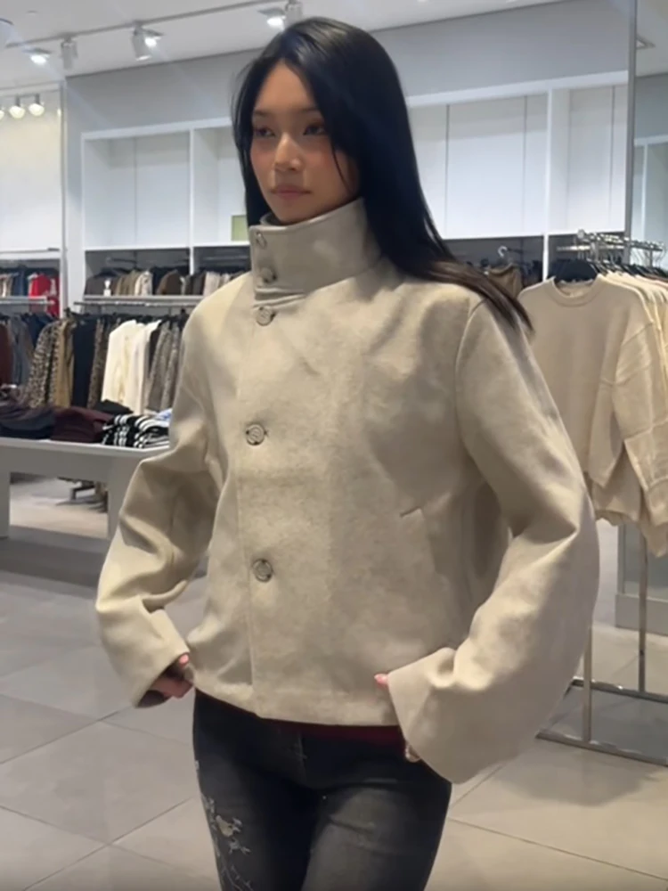 Women Stand Collar Asymmetric Button Jacket Long Sleeve Side Pocket Loose Cropped  Outerwear Chic Fall Winter Daily Holiday Wear