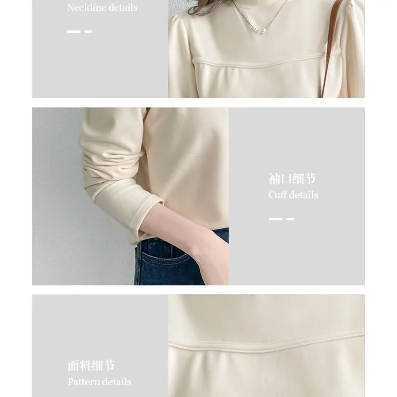 Women\'s Autumn Winter Pullover Turtleneck Solid Shirring Puff Long Sleeve Undershirt T-shirt Fashion Casual Office Lady Tops