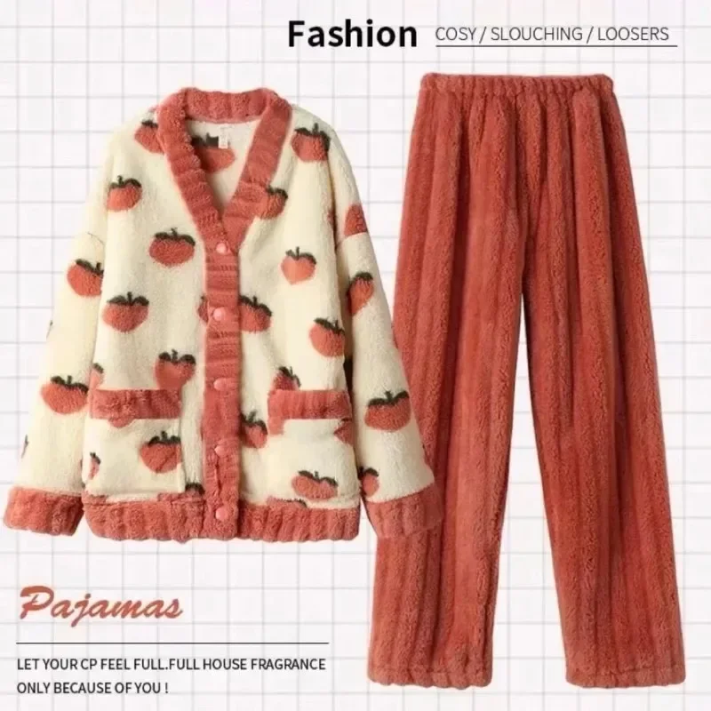 Conjuntos de Pijama de dibujos animados Kawaii para Mujer, ropa de dormir de franela cálida, ropa de noche para niña, Otoño e Invierno