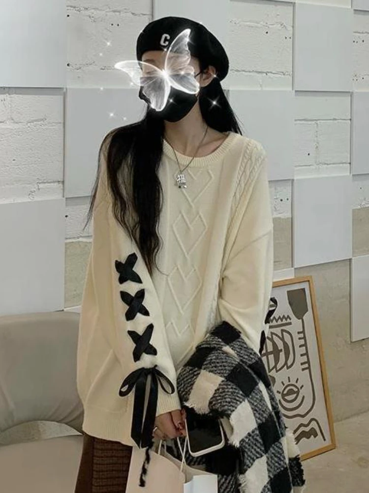 Knitted Pullovers Women Long Sleeves Soft Leisure Loose Lace-up Designed Gentle Students All-match Streetwear Fashion Chic OOTD