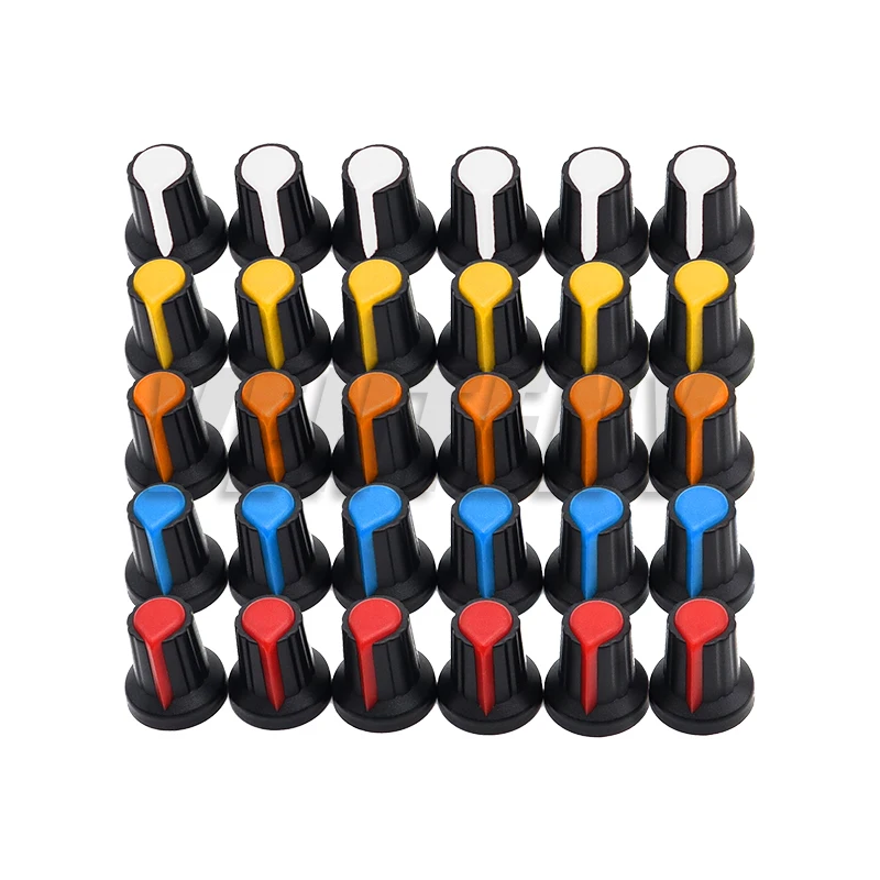 

30 шт. WH148 ручки потенциометра 15X17 мм 6 мм пластиковые ручки потенциометра колпачок 5 цветов желтый оранжевый синий белый красный