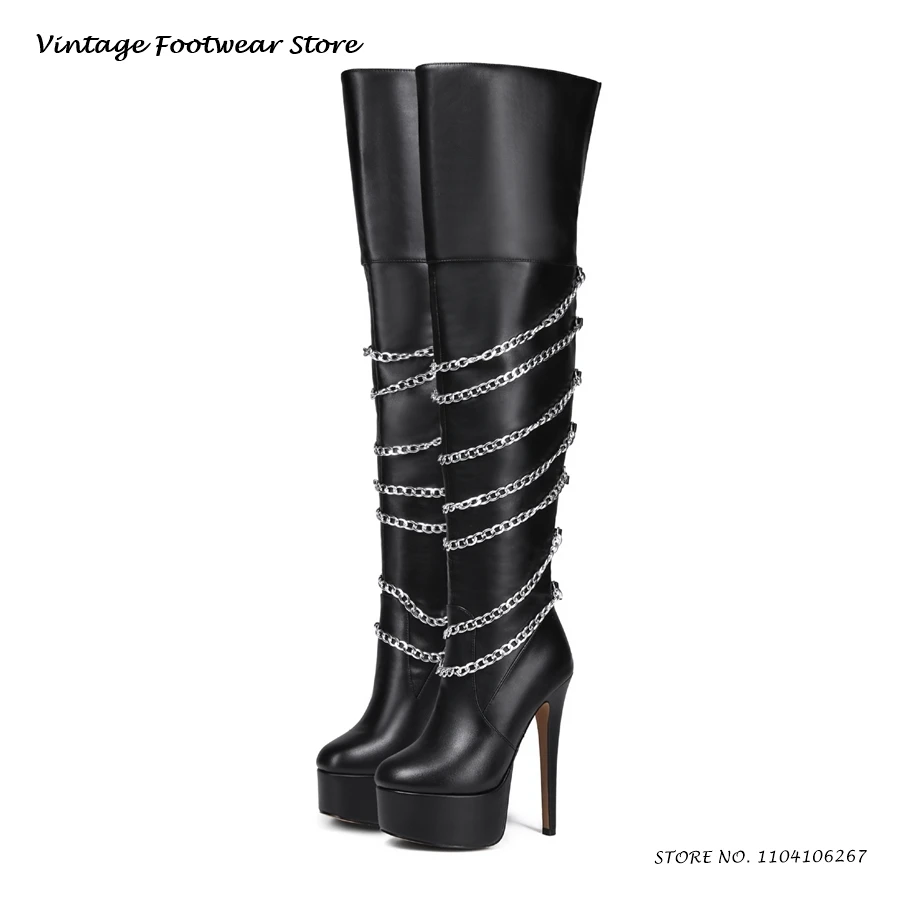 

Сапоги до бедра на платформе с украшением в виде цепочки, пикантные вечерние модельные туфли на тонком высоком каблуке с круглым носком, женские сапоги выше колена больших размеров