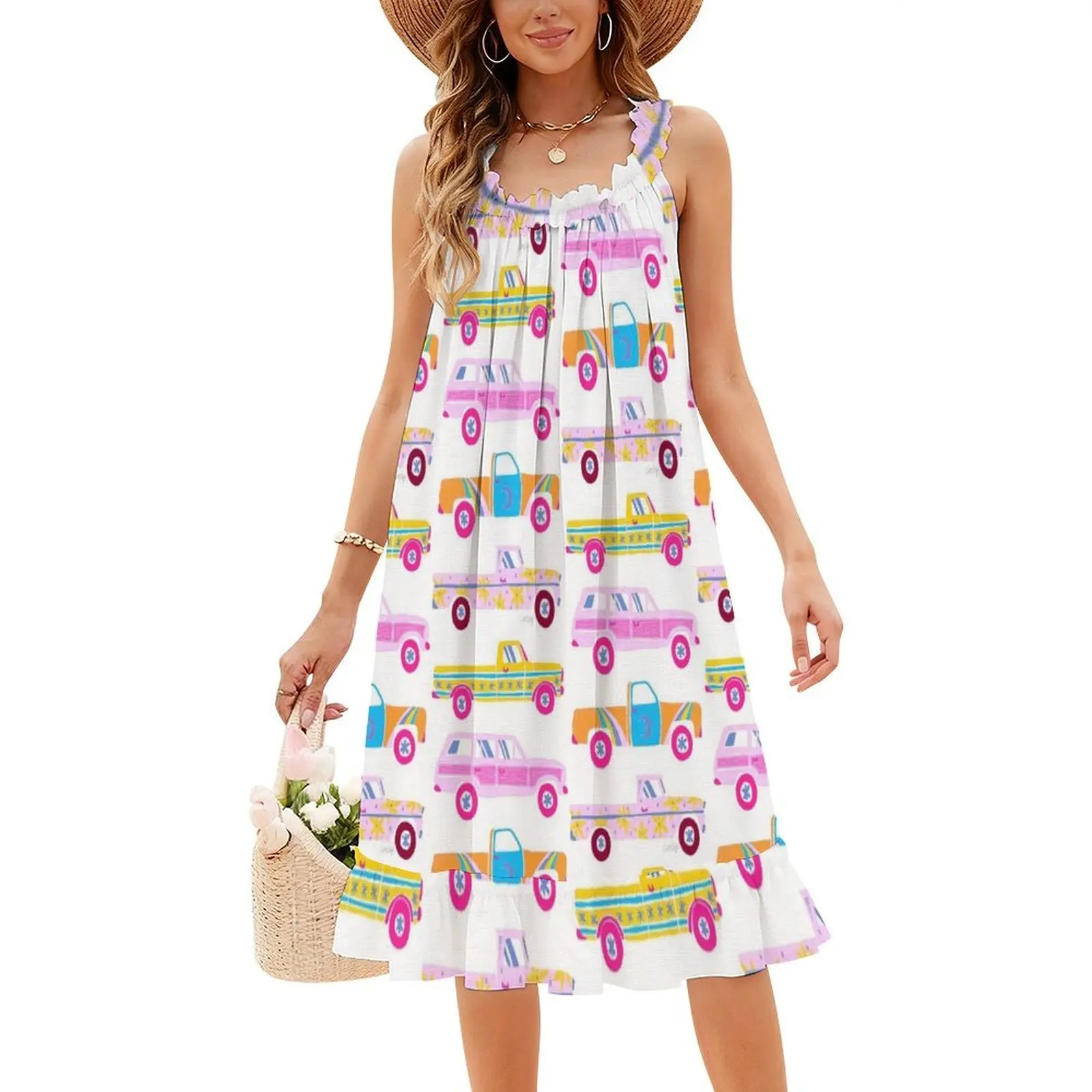 Retro Roads – فستان قصير على طراز Candy Palette Preppy للنساء على شكل حرف a فضفاض مناسب فستان يوم غير رسمي للتخييم Rv سيارة عتيقة