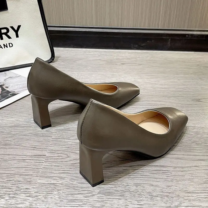 Ladies Summer Footwear on Heeled Shoes for Women 2024 Normal Leather Casual High Heels Square Black Toe Formal Pumps Beau Today