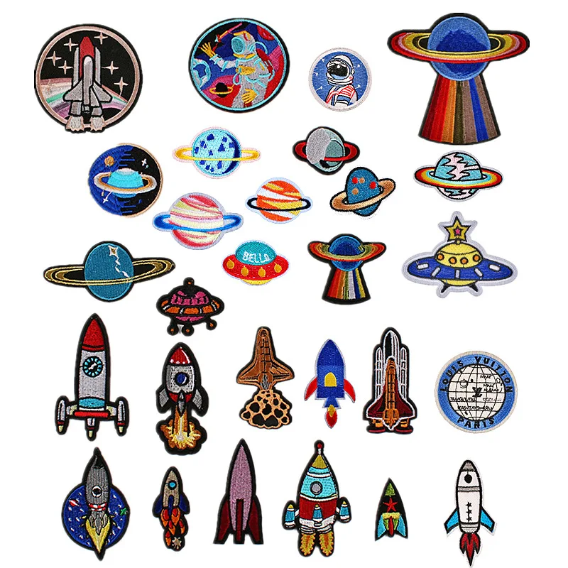 100pcs/Lot Luxury Embroidery Patch Planet Earth Moon Space Astronaut Rocket Alien Shirt Bag Clothing Decoration Craft Applique