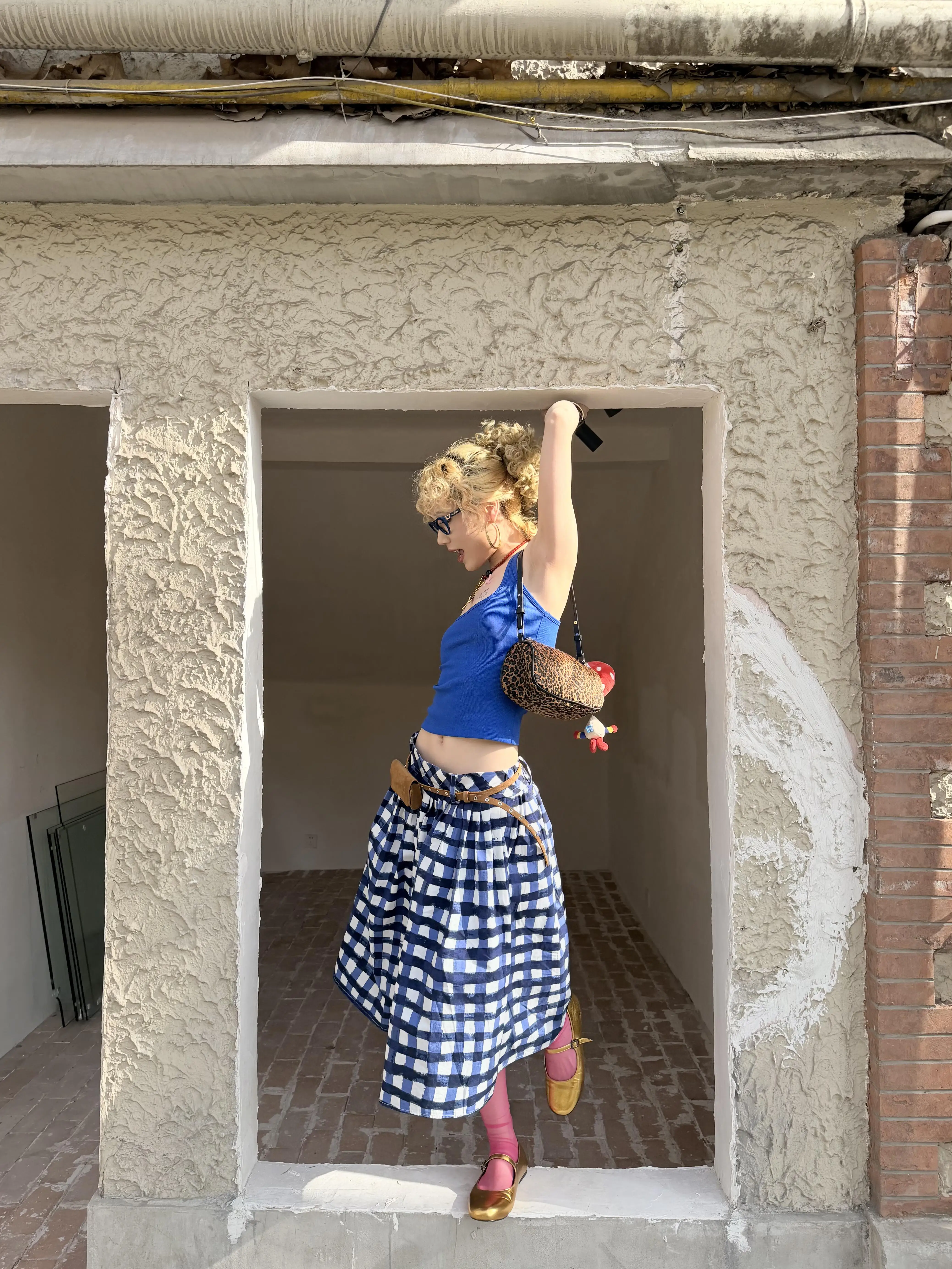 American Retro Vacation Style Low Waist Waterprint Plaid Umbrella Skirt Midi Skirt Women Spring Summer New a Line Half Skirt