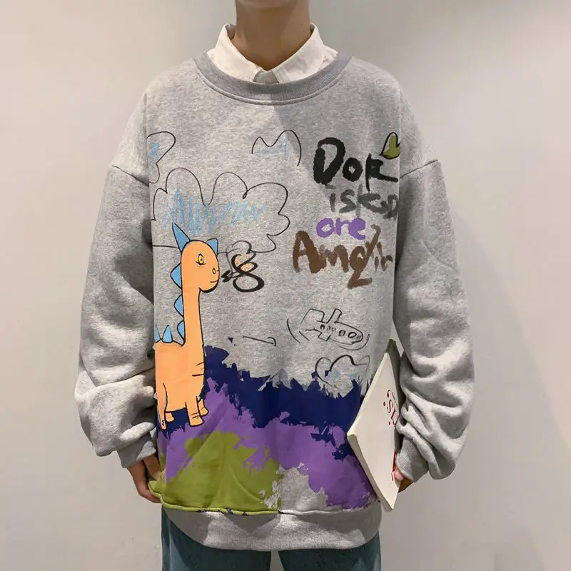 2023 New Spring and Autumn Fashion Graffiti Print Versatile Round Neck Loose Casual Fashion Sign Korean Oversize Men's Sweater