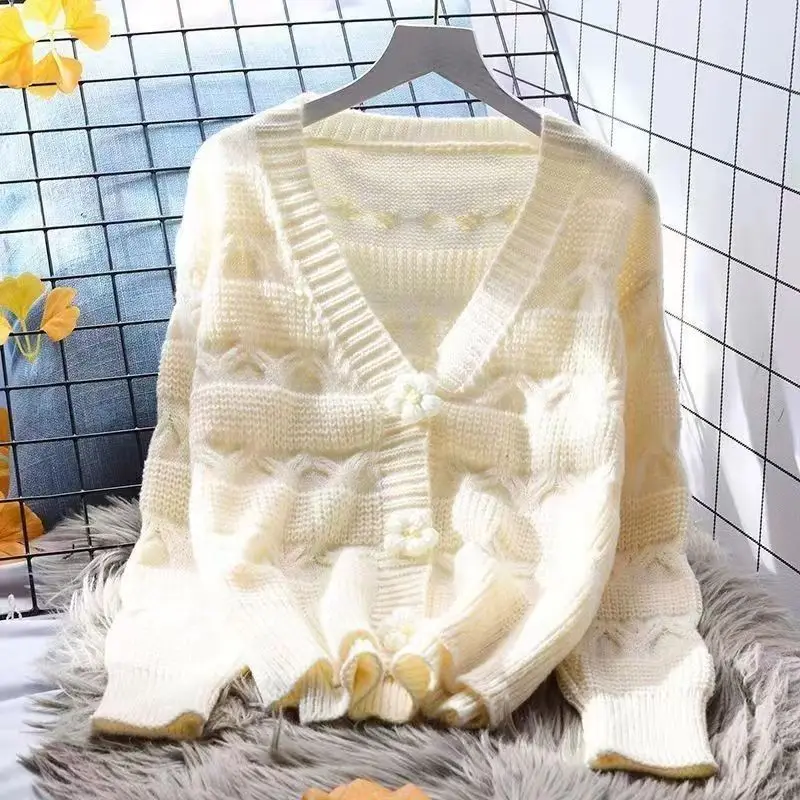 Sweet V-neck Knitting Cardigan Women Autumn Winter Loose Solid Color Long Sleeve Knitwear Tops All-match Trend Knitting Sweater