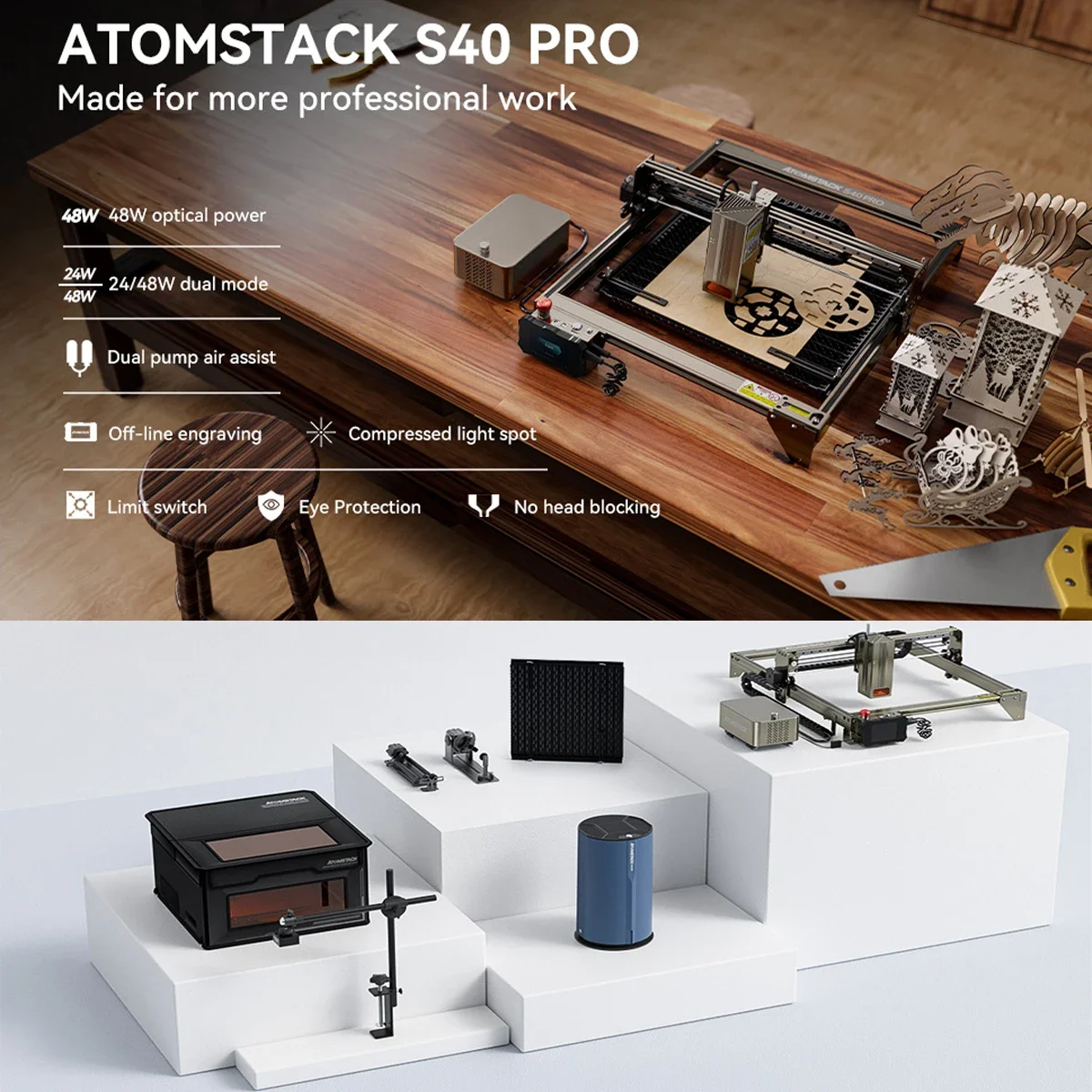 ATOMSTACK 24W/48W Laser Auto Air Assist 210W Professional Grade CNC Cutter S40 X40 Pro Laser Engraving Cutting Machine Dual Mode