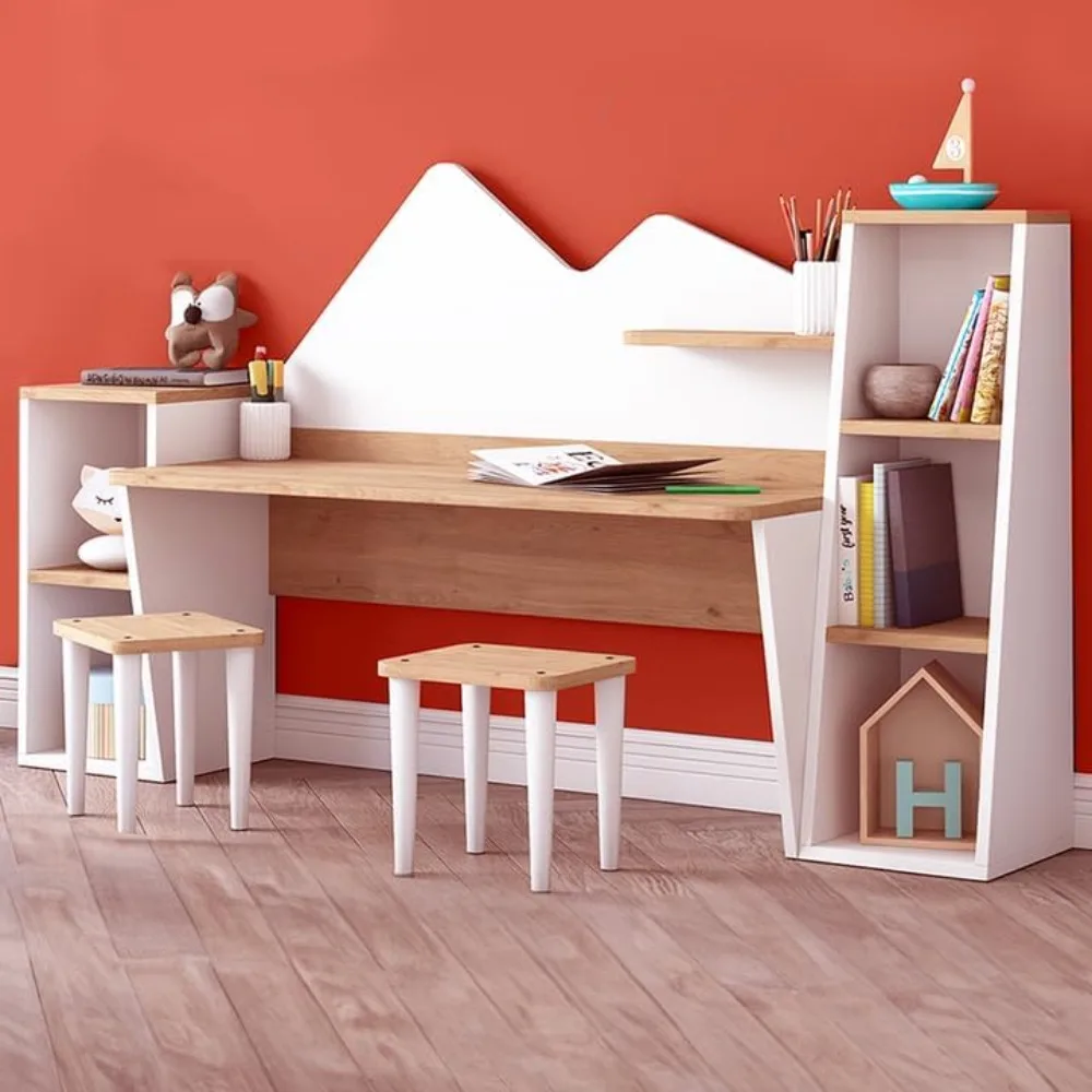 School Desks.Kid's Study Desk with Bookshelf + 2 Stools for Ages 3-8, Wooden Children Activity Table with Hutch and Shelves