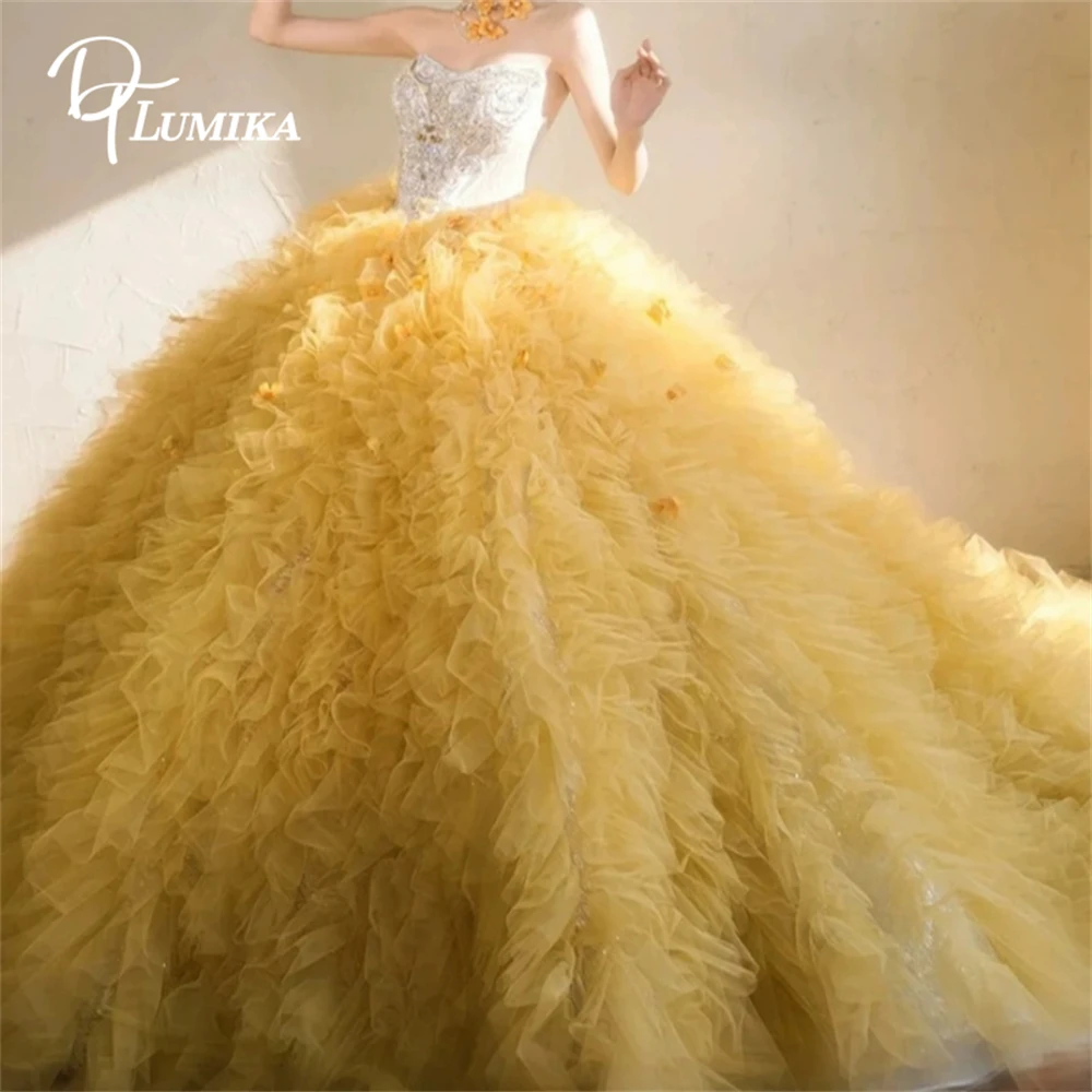 DTLumika Ruched Ball Gown Party Drss for Women, Sequined Stralpless Photoshoot Dresses, Wedding Party Gown Yellow Prom Dress
