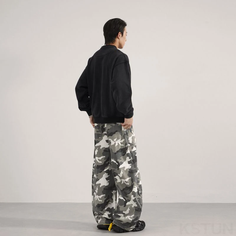 KSTUN مستقيم واسع الساق فضفاض الجينز الرجال السراويل المنحنية السراويل البضائع المموه فضفاض الرجال السراويل غسل الملابس عادية خمر