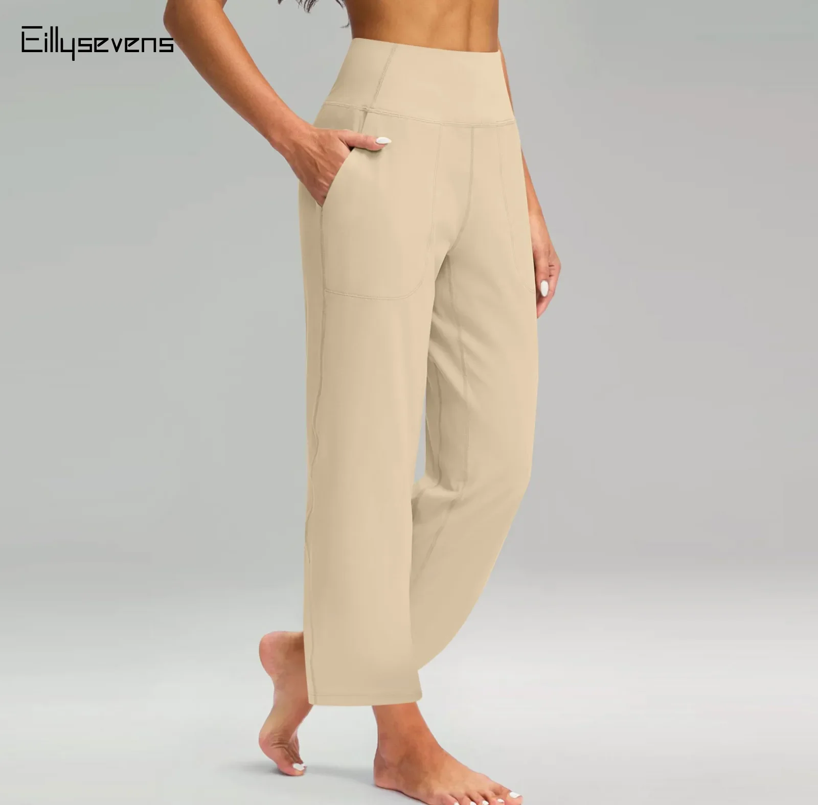 Pantalones informales lisos para mujer, ropa de calle Vintage, holgada, elástica, de cintura alta, con bolsillos, de pierna recta