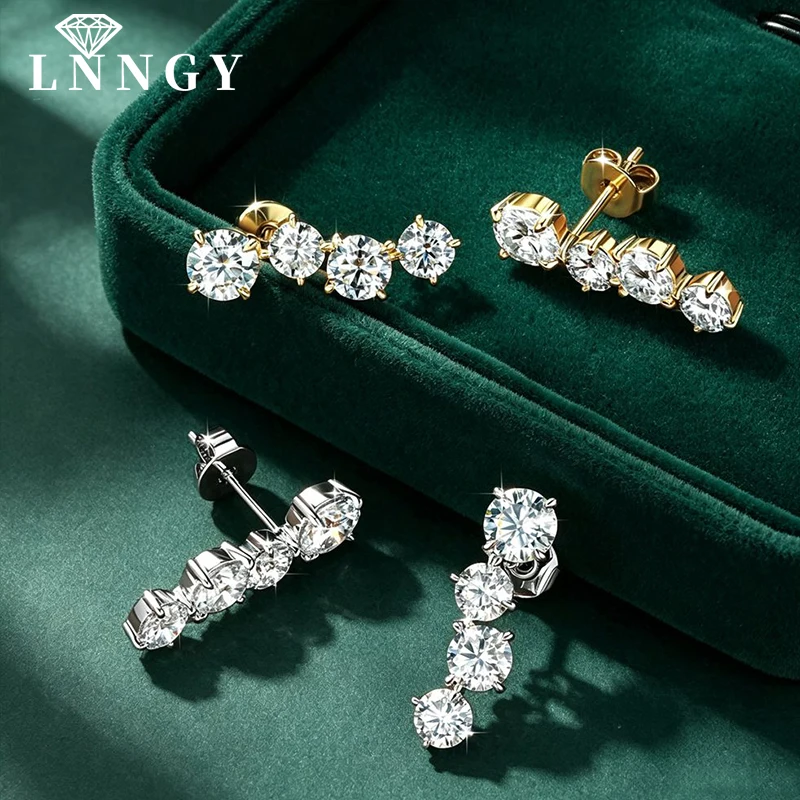 Lnngy Sparling 5mm&4.5mm&4mm Moissanite Climber Earring For Women Single Row Lab Diamond Stud Earrings Daily Jewelry Gift