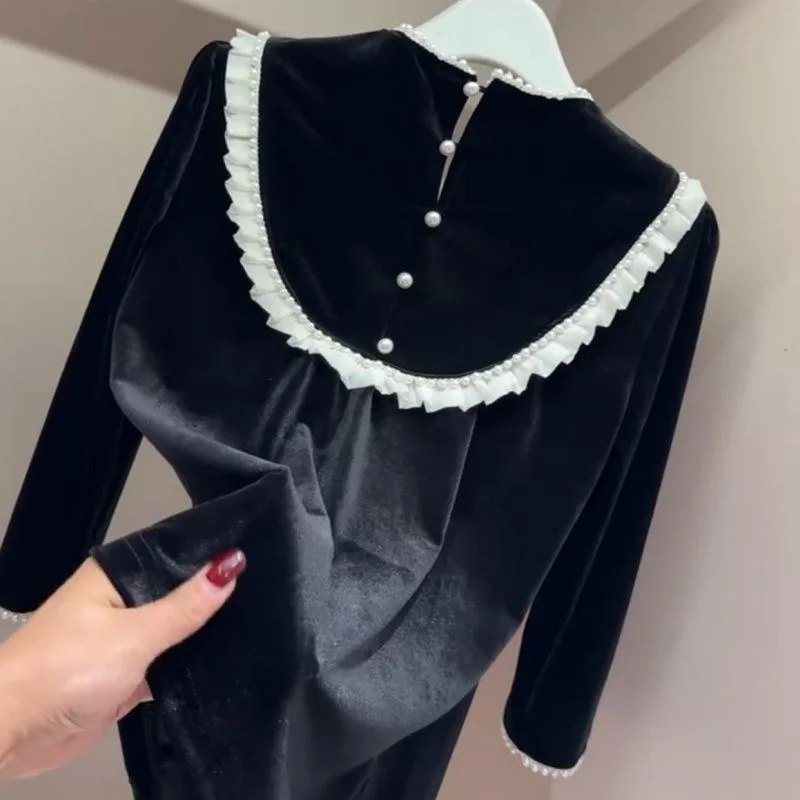 WOMEN Tshirts Blouse Spring Autumn New T-shirt Advanced Lace Stitching Nail Beads Diamond Black Gold Velvet Base Shirt Top