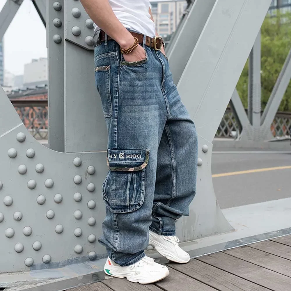 

Plus Size Hiphop Cargo Pants Men Casual Streetwear Jeans Loose Baggy Denim Pants Big Pocket Wide Leg Skateboard Jeans Clothing