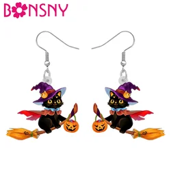 BONSNY  Acrylic Flying Broomstick Magic Black Cat Pumpkin Earrings Drop Dangle Jewelry Halloween Decor For Women Kids