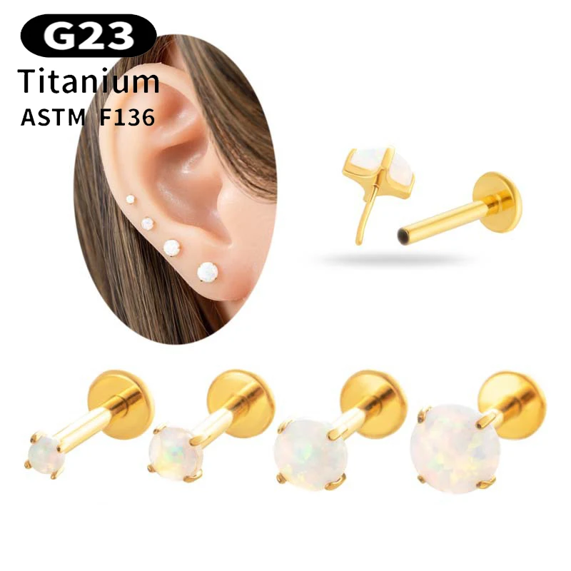 2 unidades de Joyería de Piercing de Titanio G23 con Ópalo, tipo Pendiente, Argolla, Pin, Stud para Labio, Daith, Conch, Labret y para Lóbulo de la Oreja, con Parte Trasera Plana y Sin Rosca