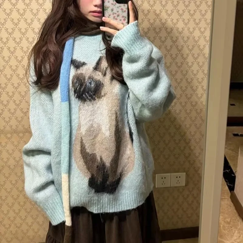 Harajuku Korean Sky Blue Cute Kitten Cat Pattern Jacquard Sweater Y2K E-girl Loose Winter Knitwear Tops Japanese Kawaii Clothes