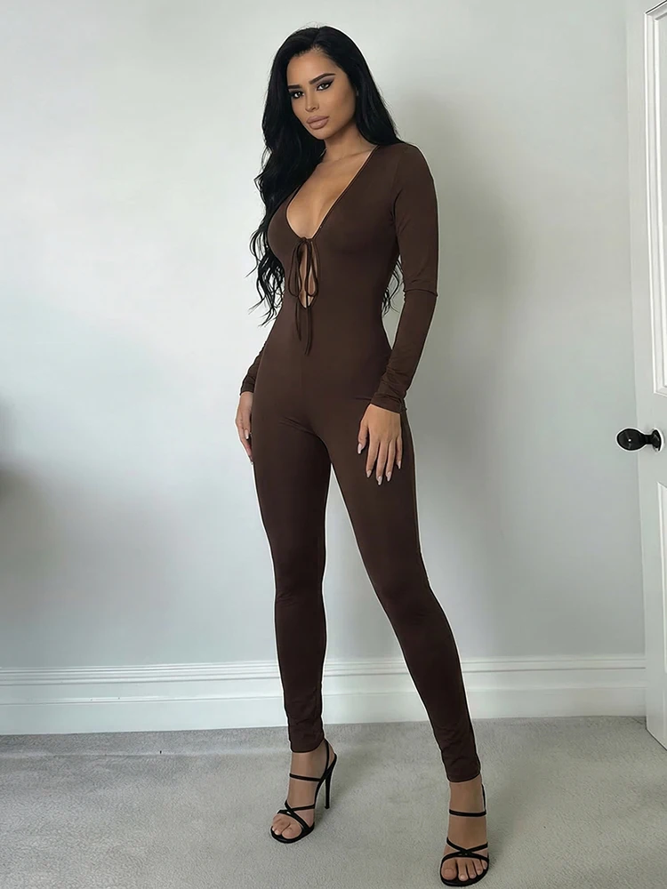 

Nibber High Street Hollow Shirring Design Jumpsuits Woman Low-Neck Full Sleeve Skinny Peach Hip Fashion Style Classic Overalls