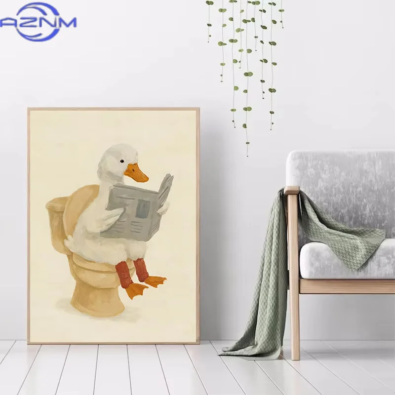 AZNM Funny Otter Toilet Paper Duck Reading on Toilet Poster Raccoon Animal Wall Art Bathroom Canvas Painting Print Nursery Home