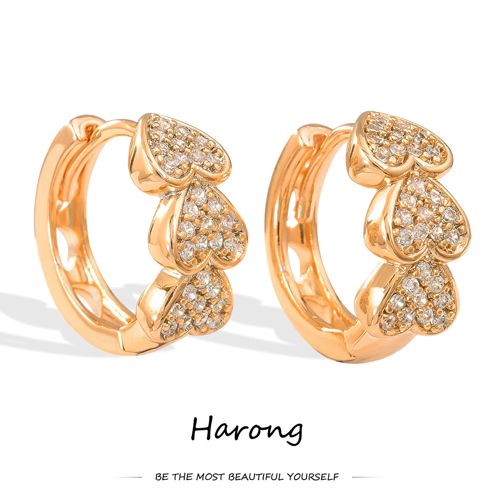 Harong Luxury Crystal Heart Hoop Earrings Aesthetic Copper Rose Gold Color Luscious Wedding Earings Jewelry for Women Girls