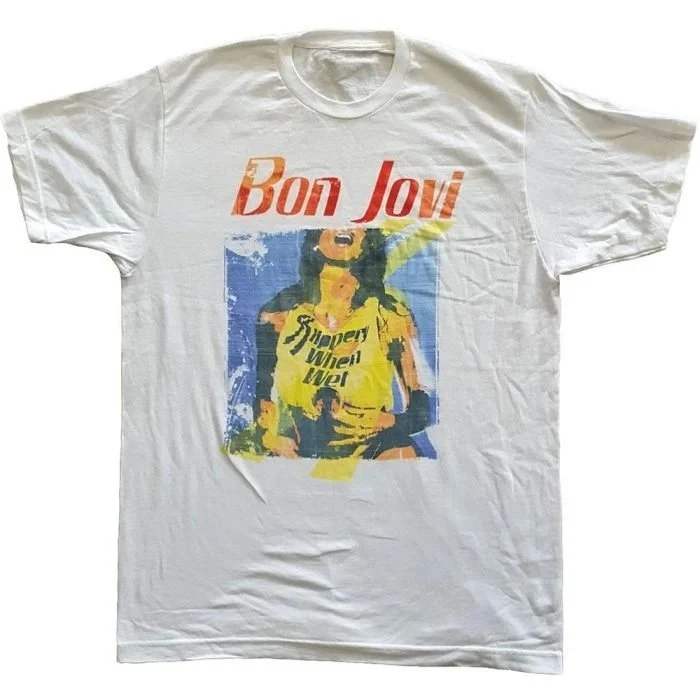 Bon Jovi Slippery When Wet Album Graphic T-Shirt, 100% Cotton Hard Rock Print Tee, Unisex 80s Hair Metal Short Sleeve