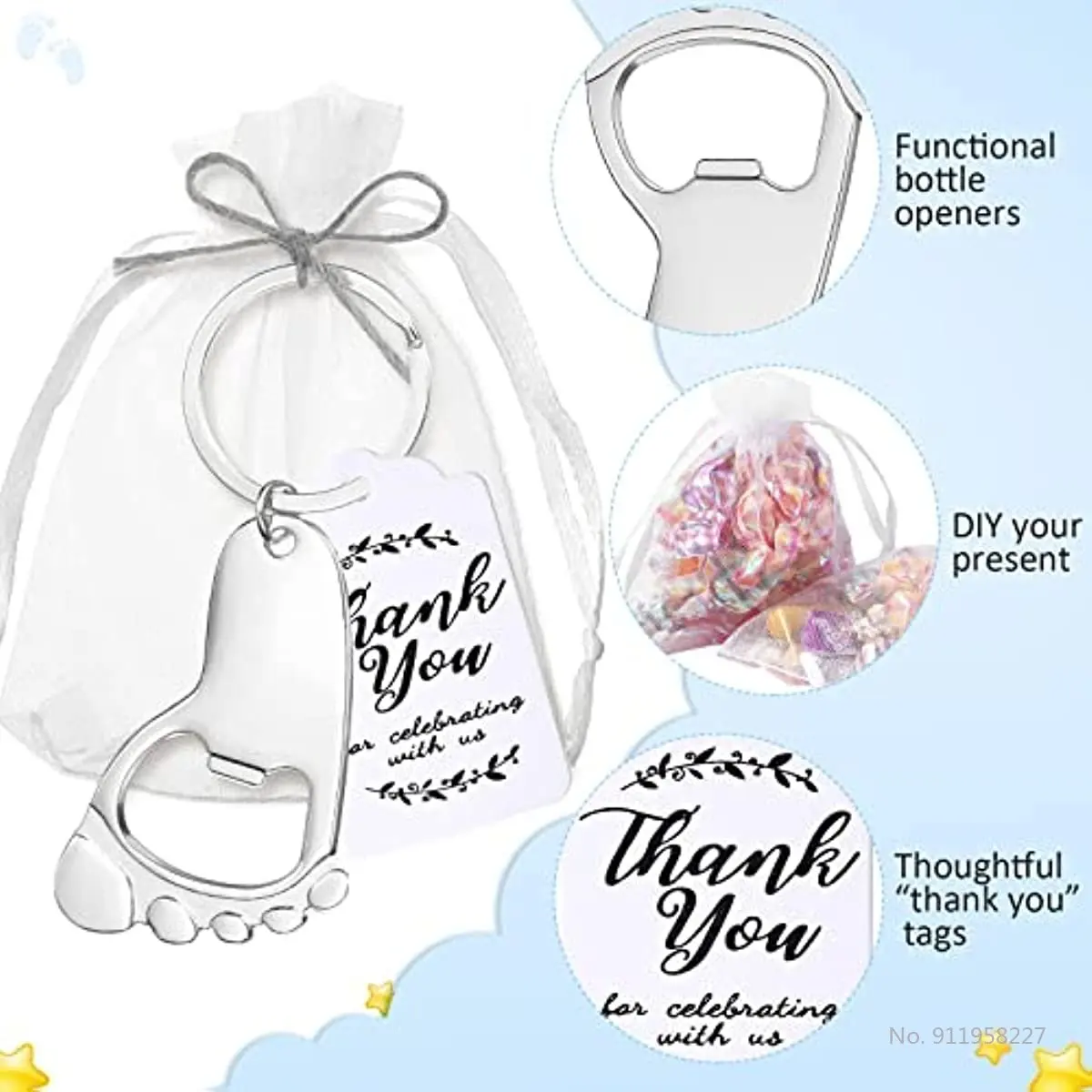 50-piece baby footprint key chain bottle opener baby shower party with organic cloth bag and baby shower party souvenir label