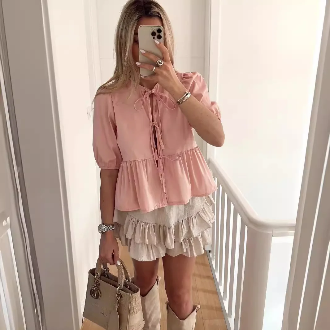 Summer Women\'s New Puff Short Sleeve Lace-up Solid Color Shirt Loose Top Fashion Casual Blouse Shirts