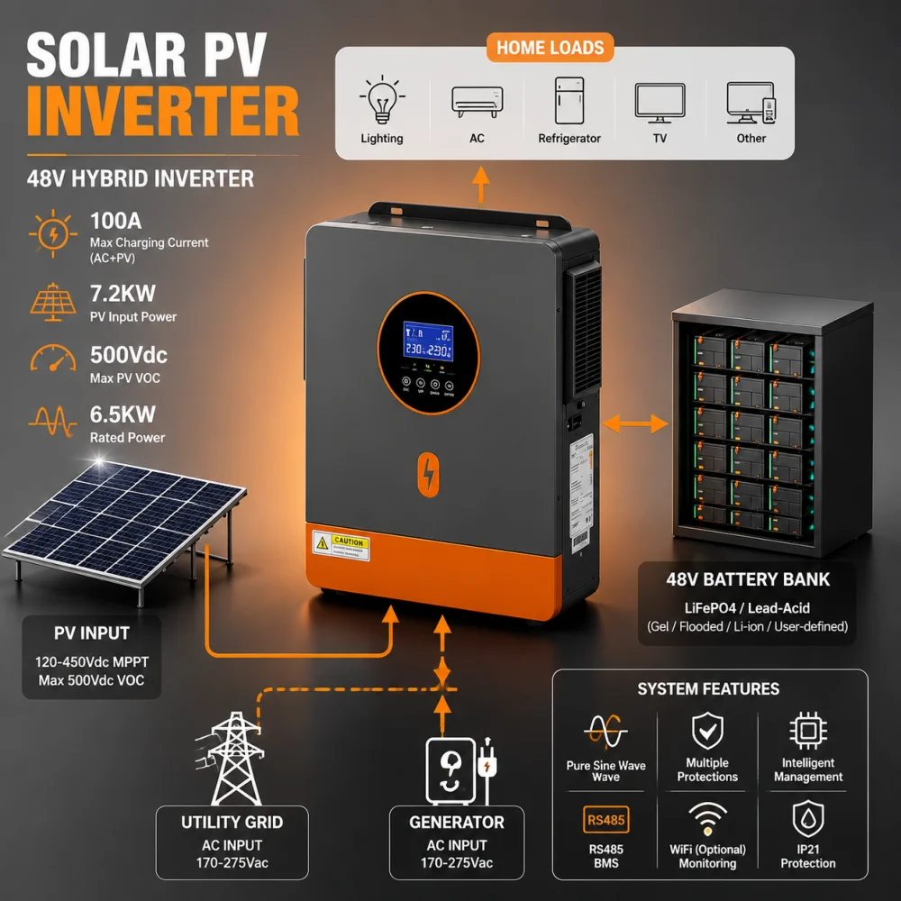 PowMr 6.5kW Hybrid Solar Inverter 48V Split Phase 120/240VAC MPPT 100 -500Vdc Built in LCD BMS RS485 WiFi Option Lead-Acid/Li-Ion Compatible for Solar Home