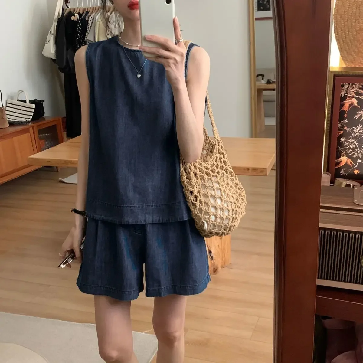 

Summer Sleeveless Denim Vest Short Sets for Women 2 Pieces Dark Blue Loose Casual Woman Shorts New Features of Matching Outfits