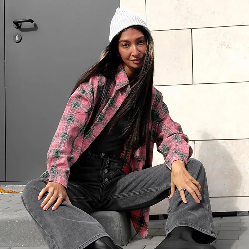 

Spring Autumn Retro Plaid Long Sleeve Mid-length Women Shirt Blouse Loose Tops Casual Cardigan Female Streetwear