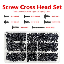 340pcs/Box M3 M3.5 M4 M5 black Flat Head Cross Carbon Steel Self-Tapping Screw