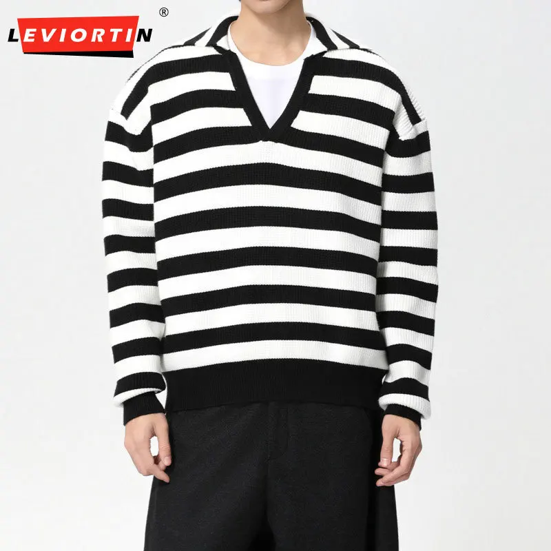 

Весенне-осенняя мужская модная универсальная цветная полоска в темно-синем стиле в стиле ретро, свободная простая вязаная толстовка с v-образным вырезом