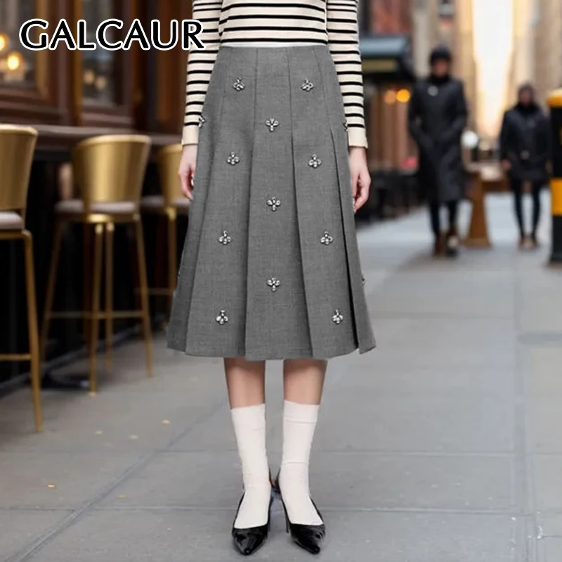 GALCAUR Gray Pleated Midi Skirt For Women High Waist Spliced Diamond A Line Fashion Skirts Female Autumn 2024 New England Style